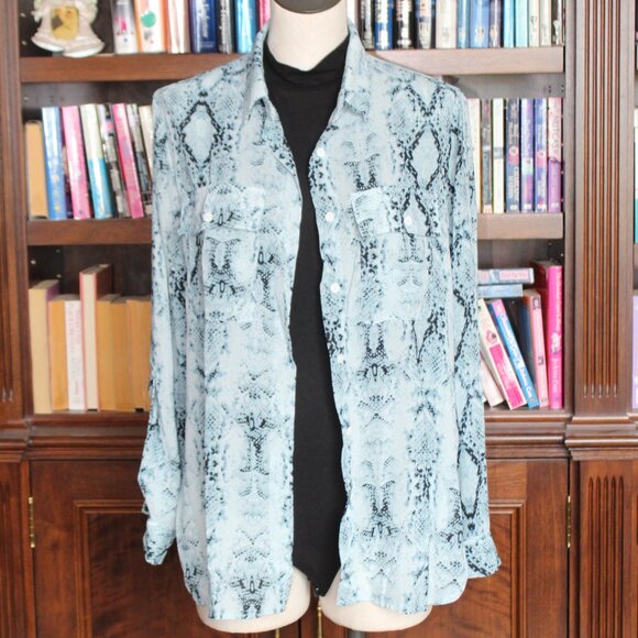 Snake Print Button Down Sheer Blouse - Picture 1 of 6